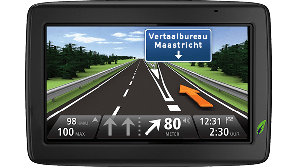 Vertaalbureau in Maastricht - Goed op weg met Vertaalbureau Dagnall Screenshot navigatiesysteem met tekst Vertaalbureau Maastricht aangegeven - in kleur op transparante achtergrond - 600 * 337 pixels